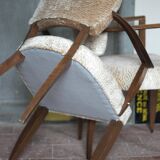 Pair of bridge chairs in wood and powder pink satin-effect fabric, Art Deco style