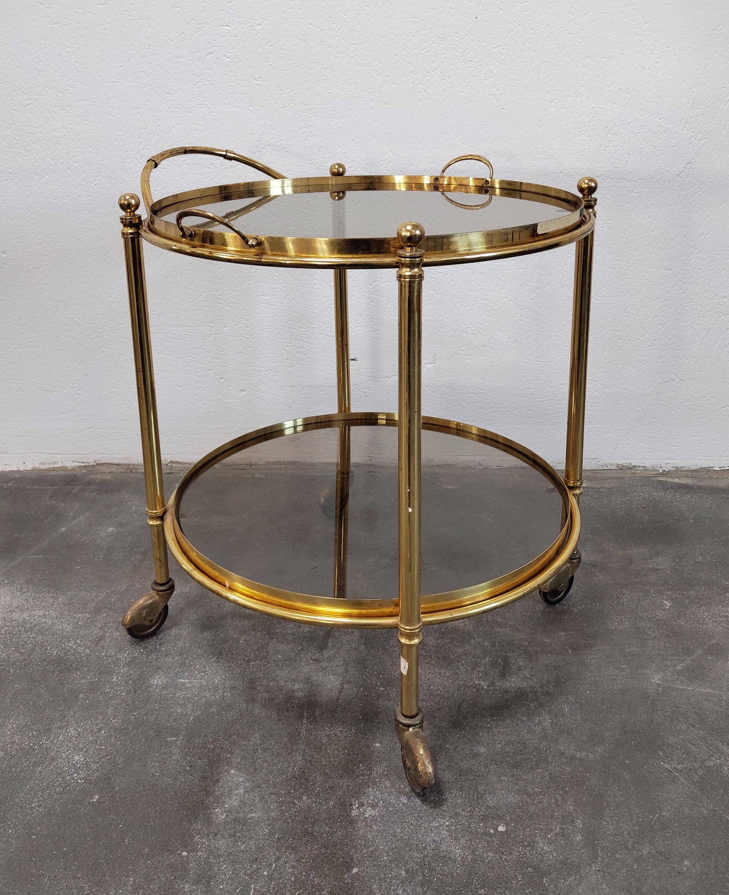 Hollywood Regency bar cart in bronze and smoked glass, 1950s
