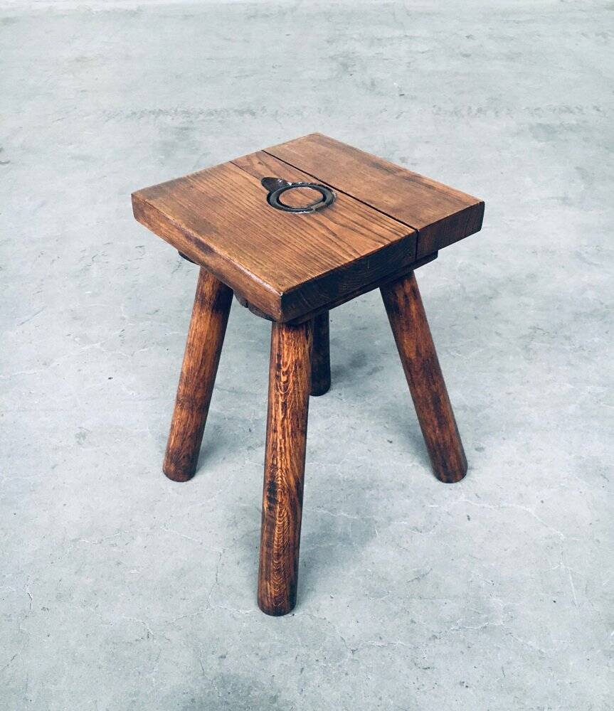 Brutalist Oak Stool, Belgium, 1950s