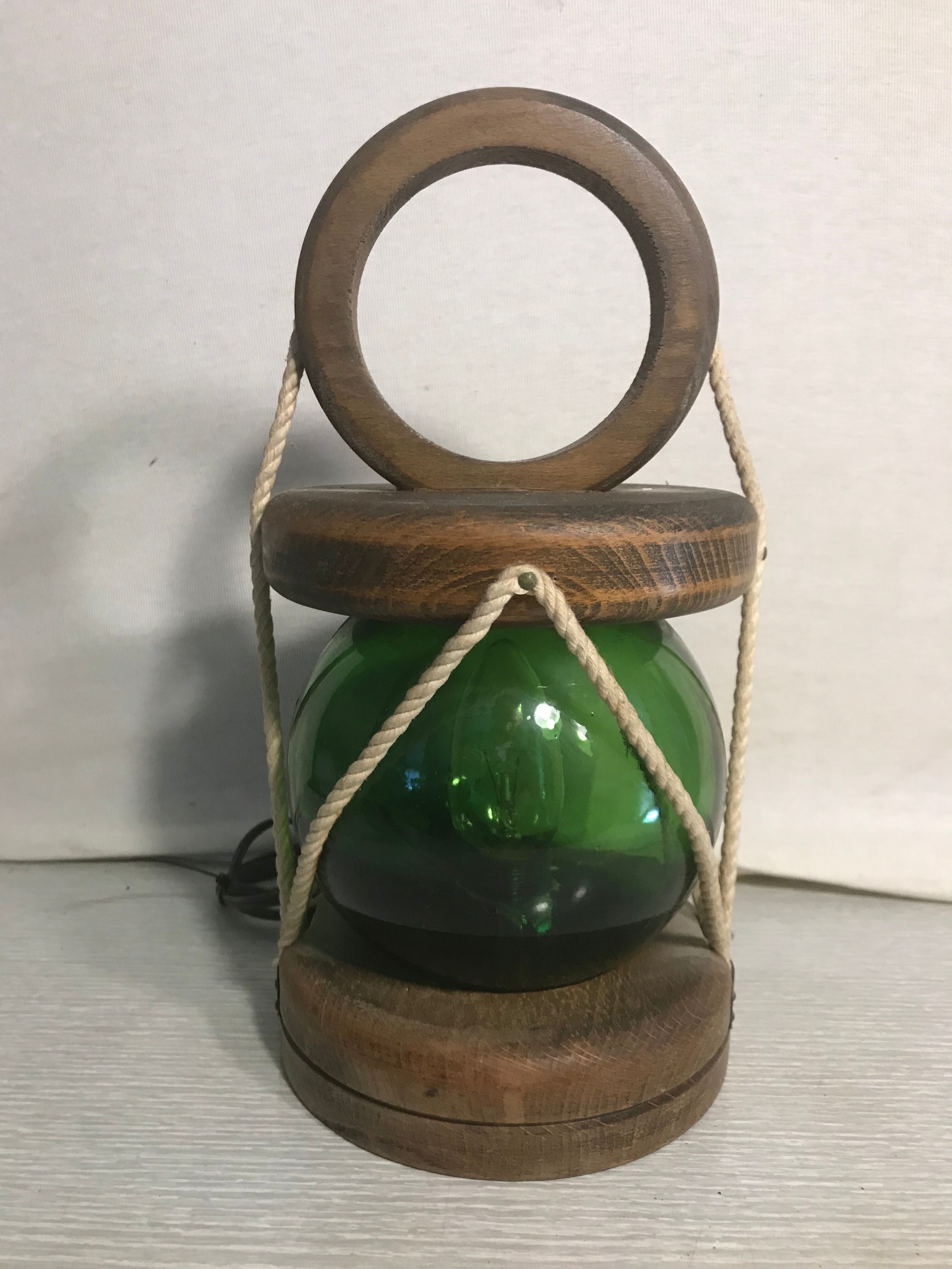 Old Marine Style Lamp Wood - String - Vintage Green Glass Ball Reflector