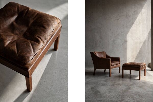 Chaise de salon en cuir danoise moderne vintage des années 50 et repose-pieds modèle 2207