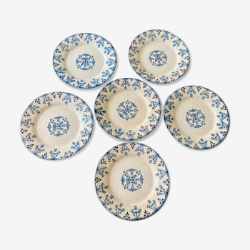 6 assiettes bleues Gien Terre de fer, modèle Florence créé vers 1890