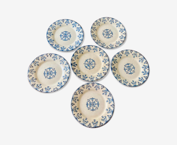 6 assiettes bleues Gien Terre de fer, modèle Florence créé vers 1890