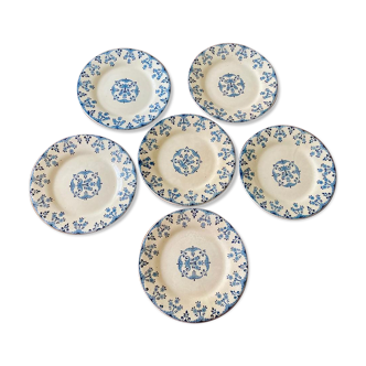 6 assiettes bleues Gien Terre de fer, modèle Florence créé vers 1890