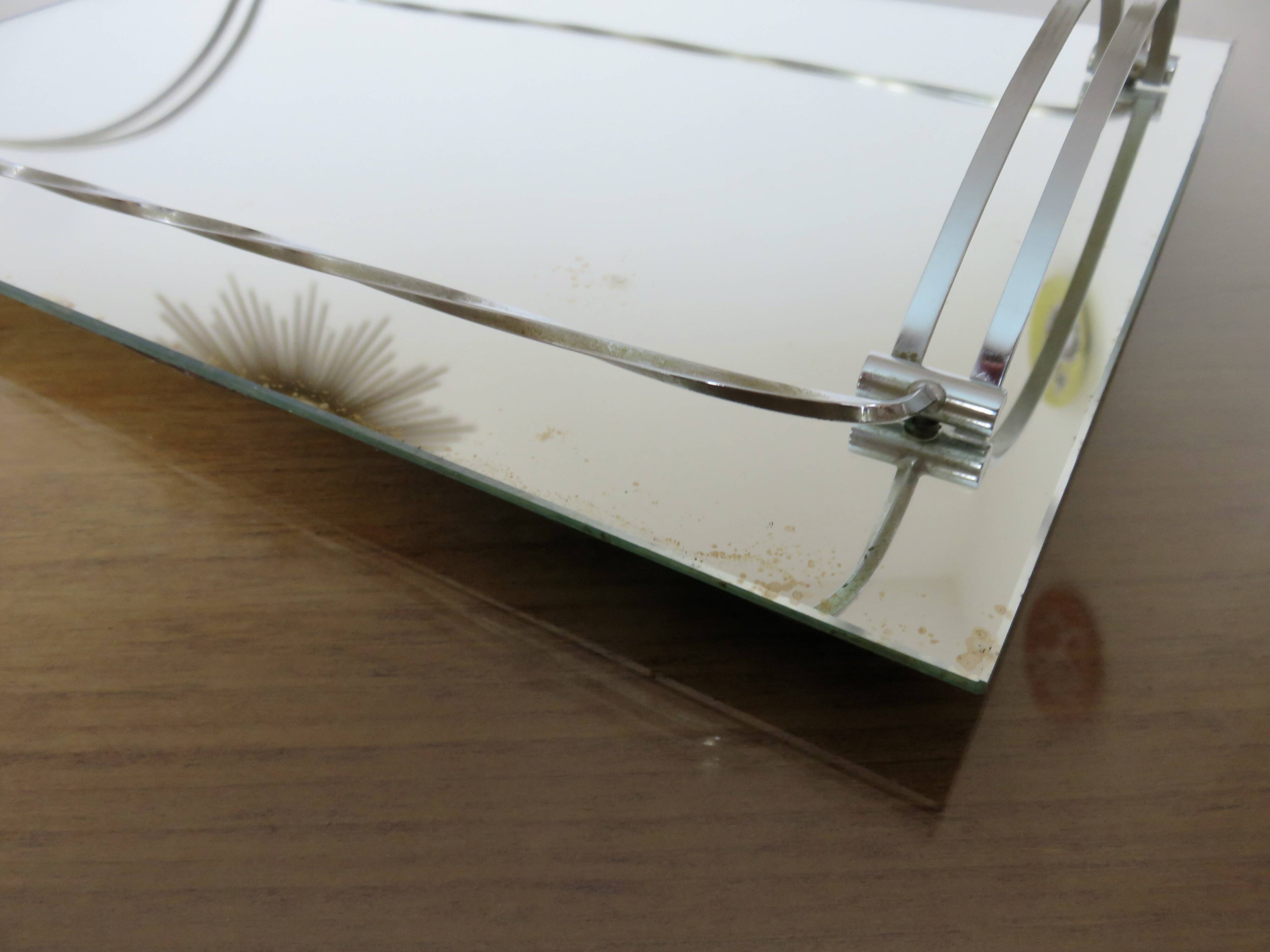 Ancien plateau miroir français en laiton chromé, art déco, années 20 30