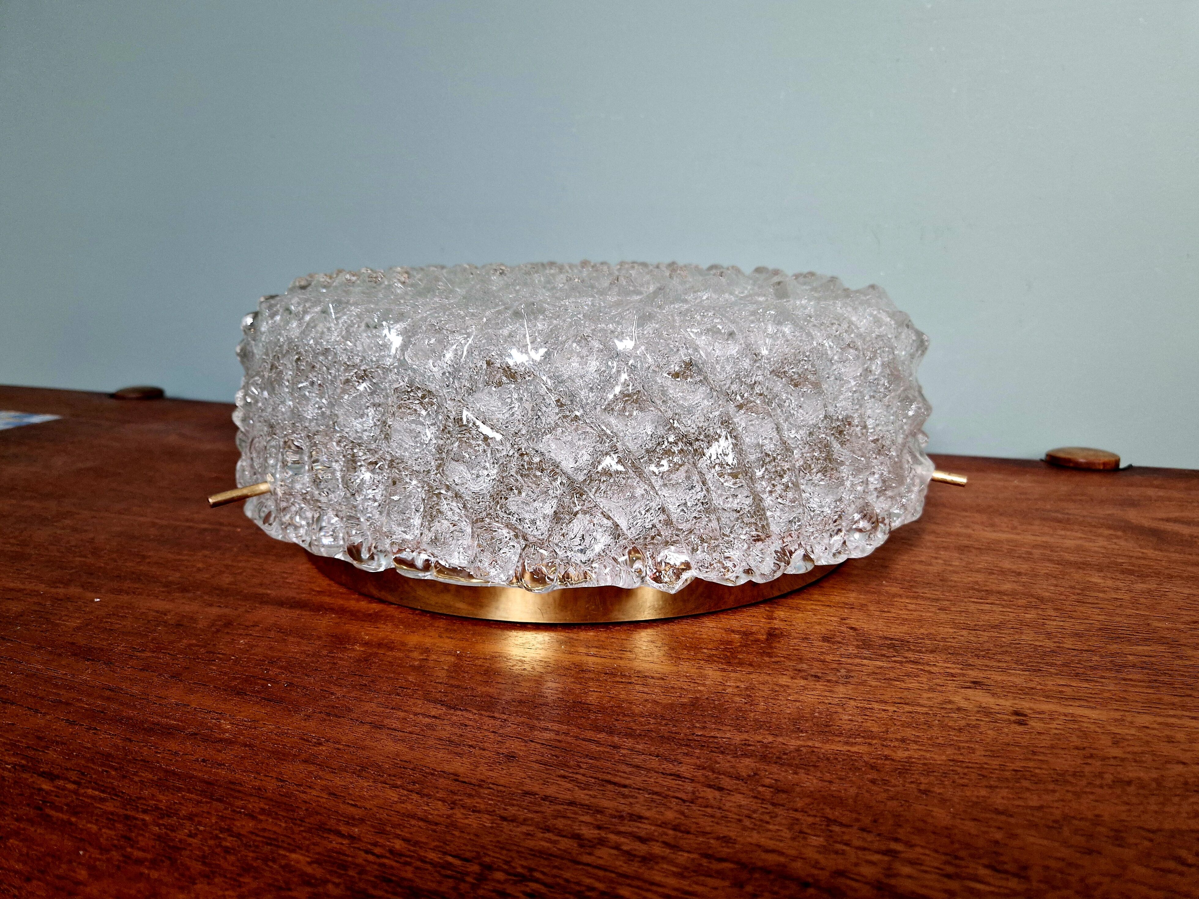Large brass and frosted glass ceiling light, Hillebrand Lighting, 1970.