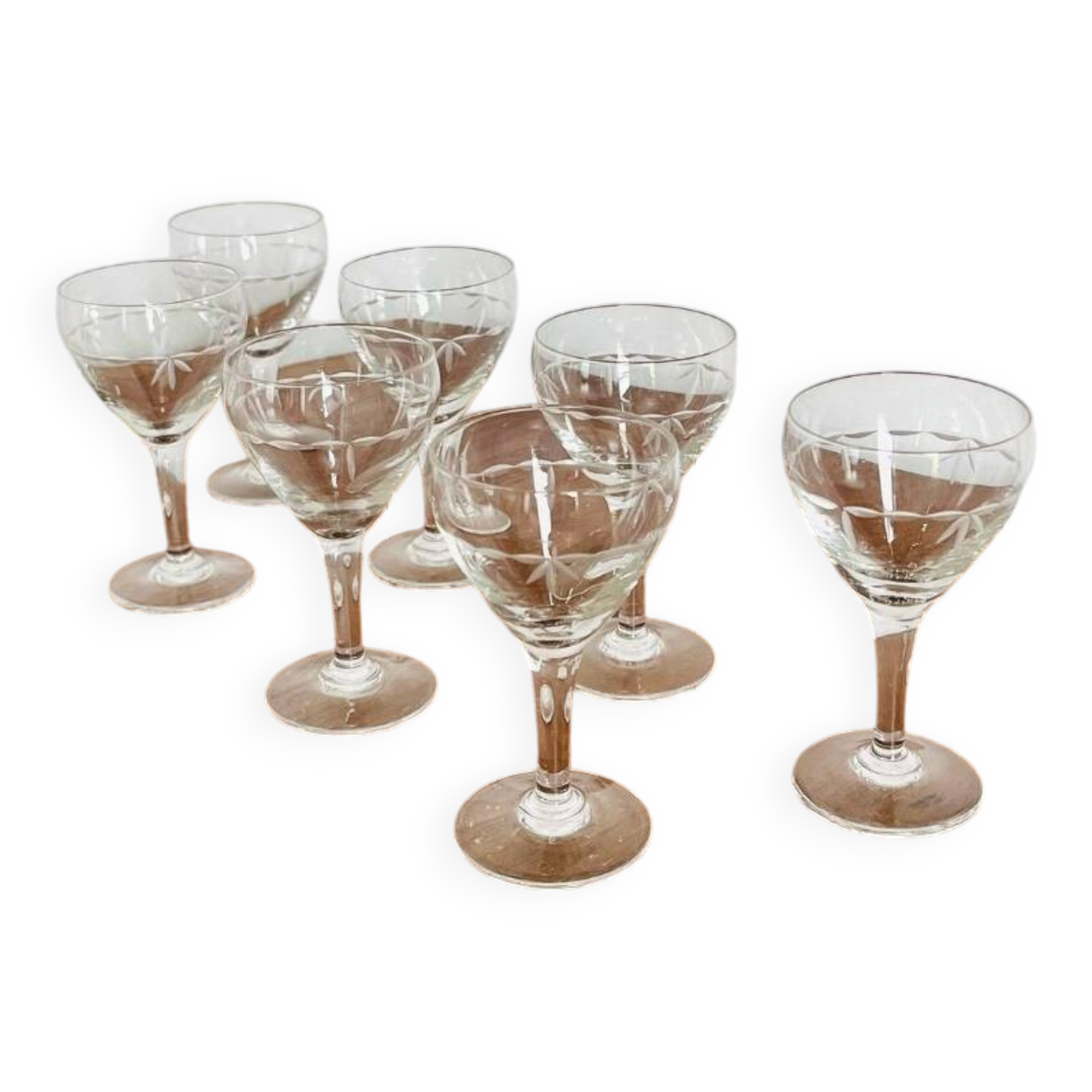 7 chiseled art deco white wine glasses from the 20s/30s
