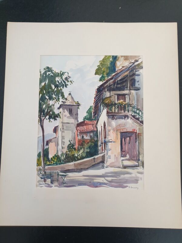 André Duculty (1912-1990) Watercolor on paper "Santa Caterina Del Sasso, Lake Maggiore, Italy" Signed