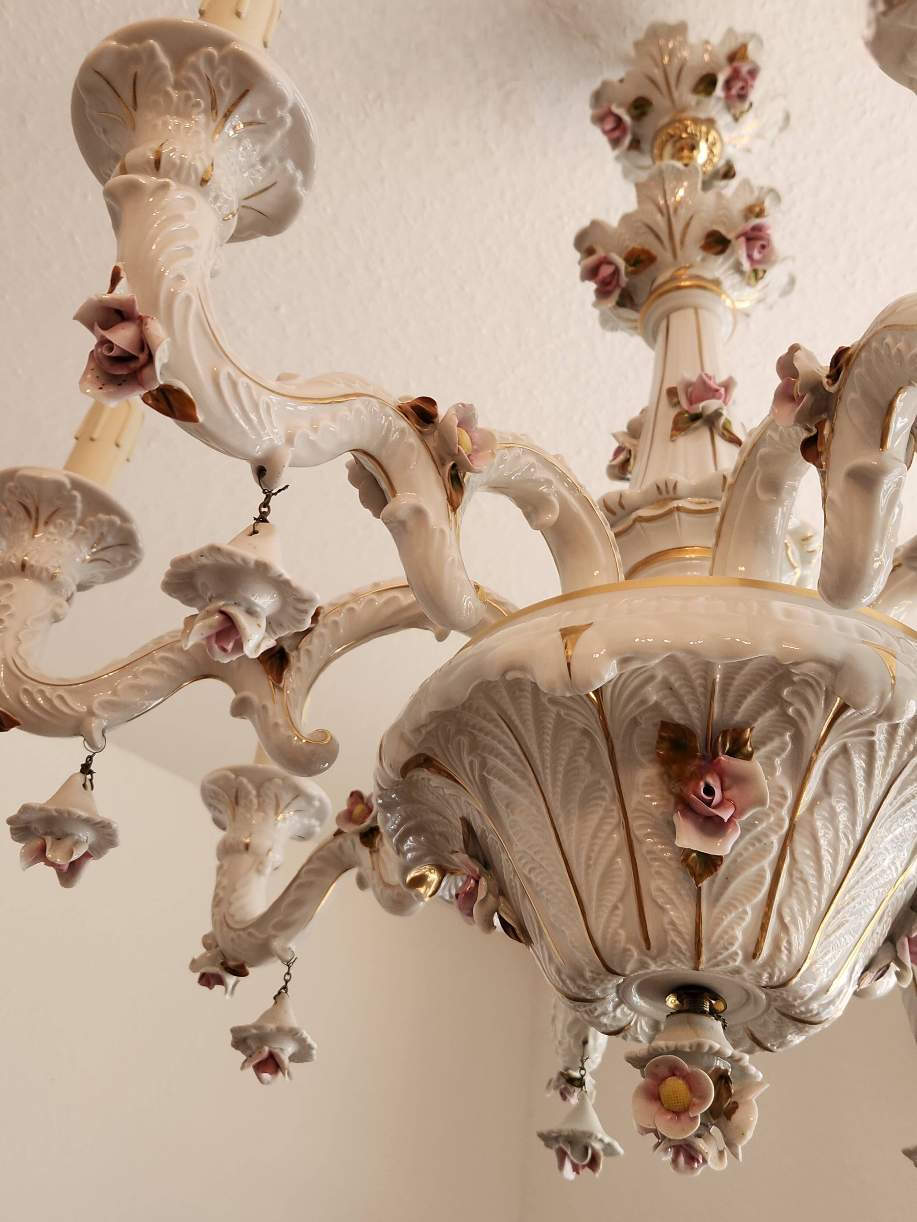 Large hand-painted gilded chandelier mangani ceramiche porcelain