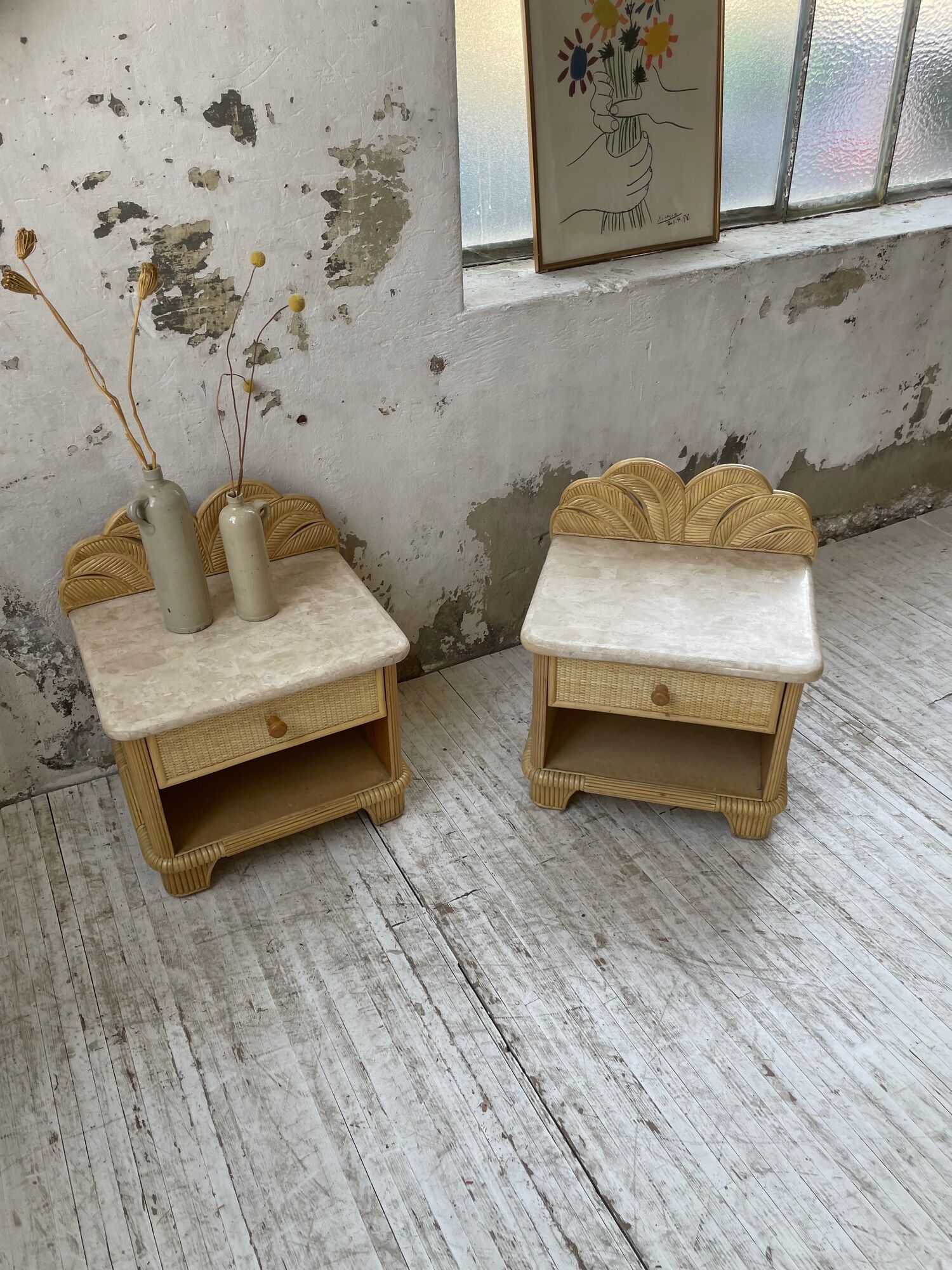 Pair of travertine bedside and rattan palm tree "vivai del sud"