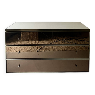 Ivory lacquered sideboard with polished finish and smoked mirror, JC Mahey design 1970.