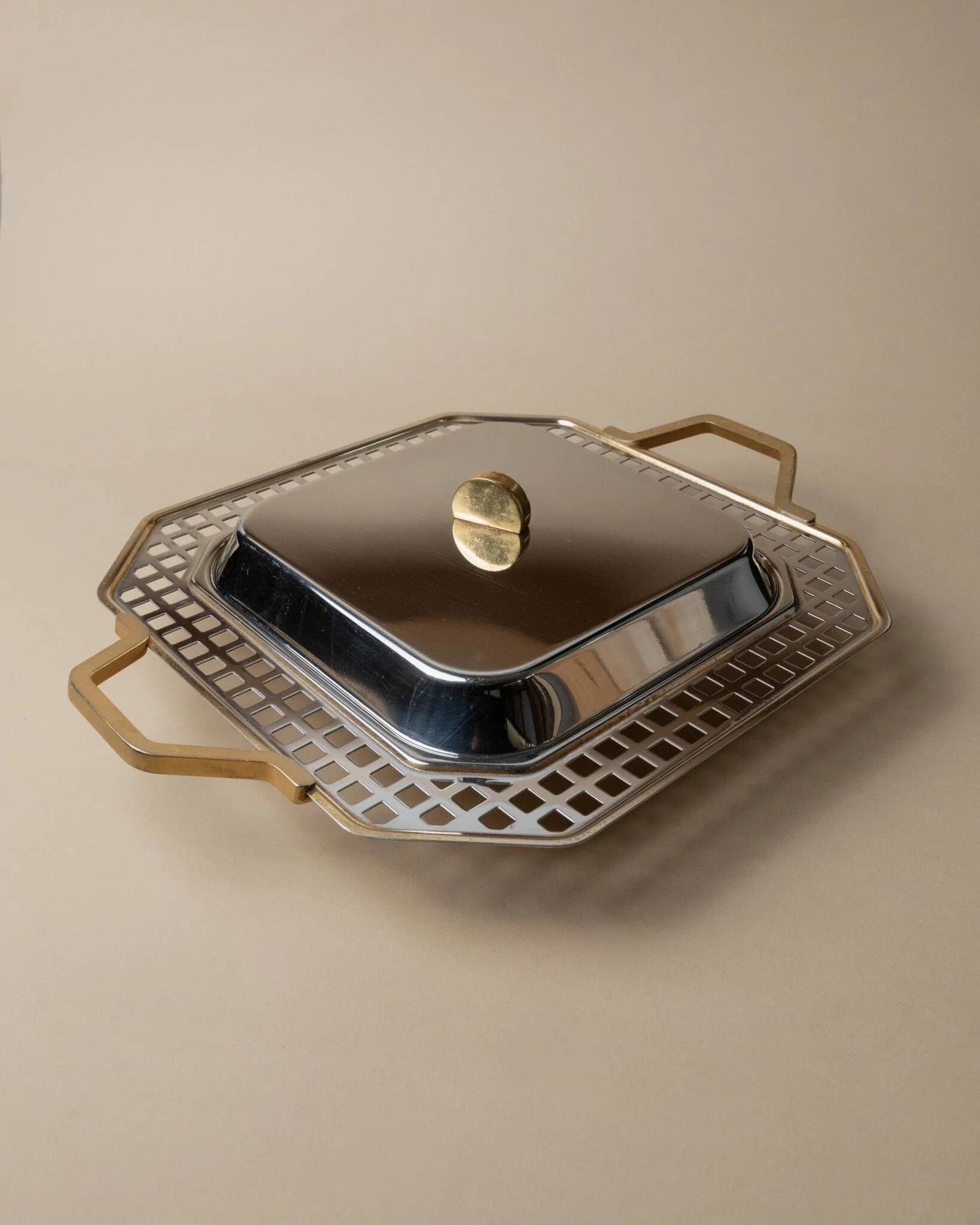 Vintage stainless steel serving tray Inoxpran Orchidea line, silver with gold-plated edge, Italian 1980s design