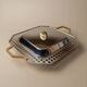 Vintage stainless steel serving tray Inoxpran Orchidea line, silver with gold-plated edge, Italian 1980s design