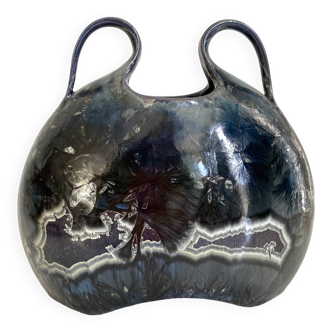 Iridescent ceramic vase with handles