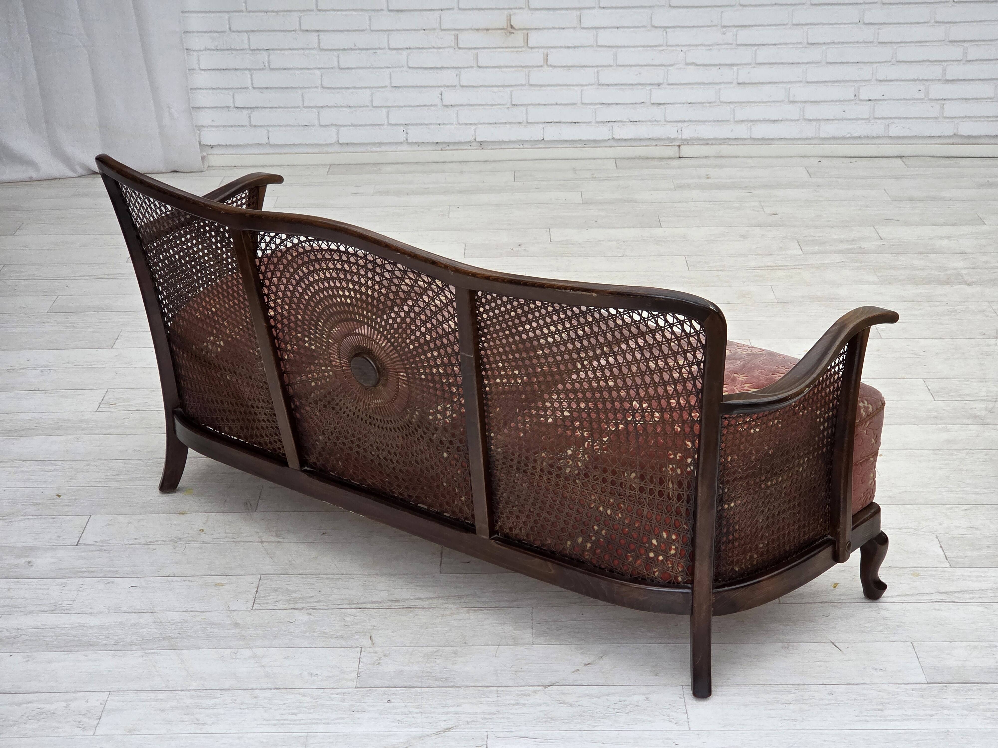 1950s, Danish 3-seater sofa, salmon/pink velour, furniture mesh.