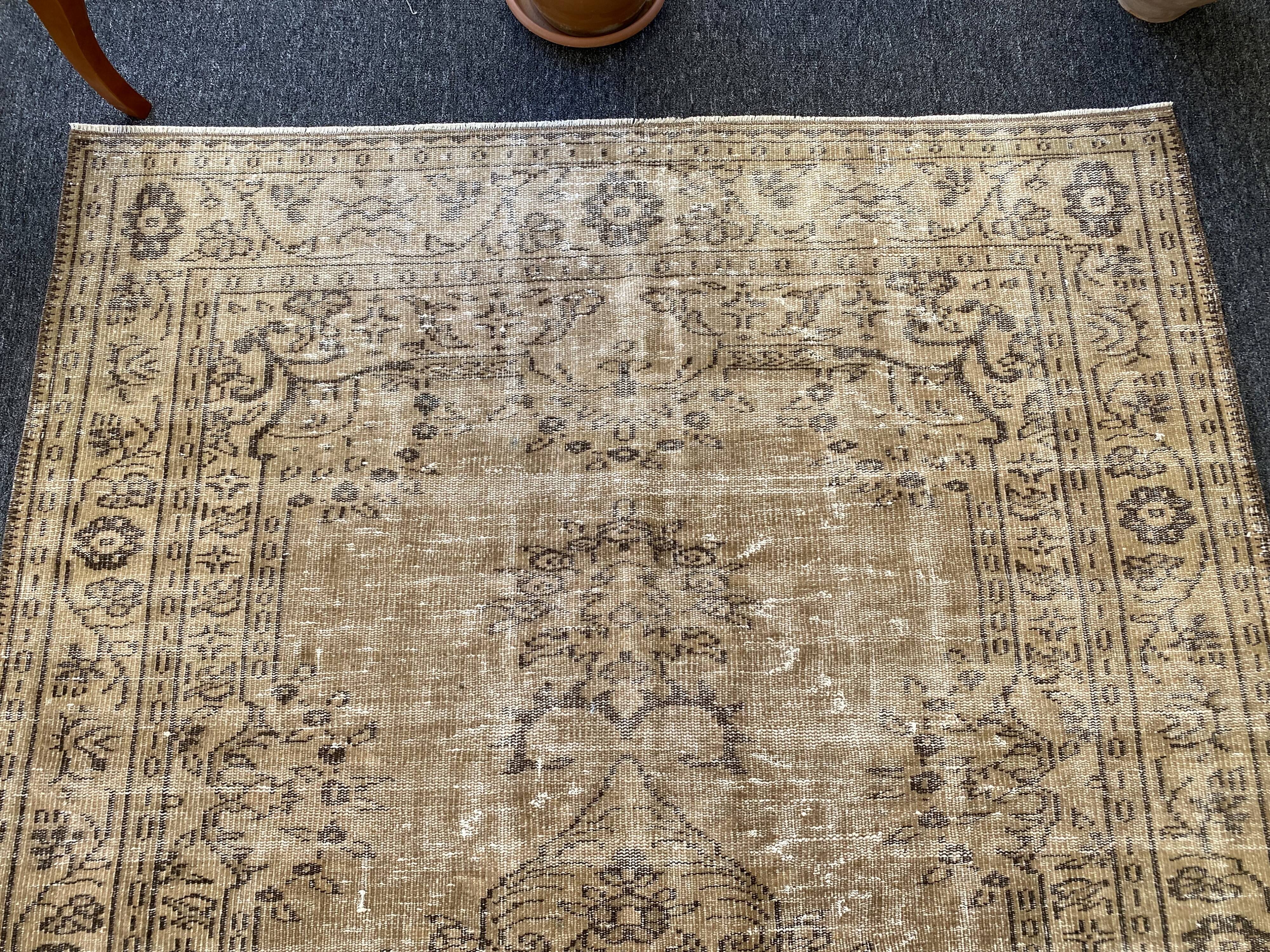 Tapis Oushak beige décor rustique, 6x10, surteint sable, pour salon, MOON.145