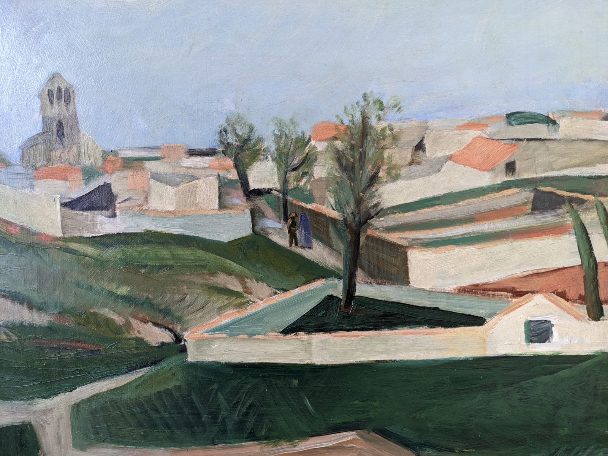 Mid-century modern swedish "slope" landscape, framed oil painting