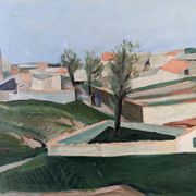 Mid-century modern swedish "slope" landscape, framed oil painting