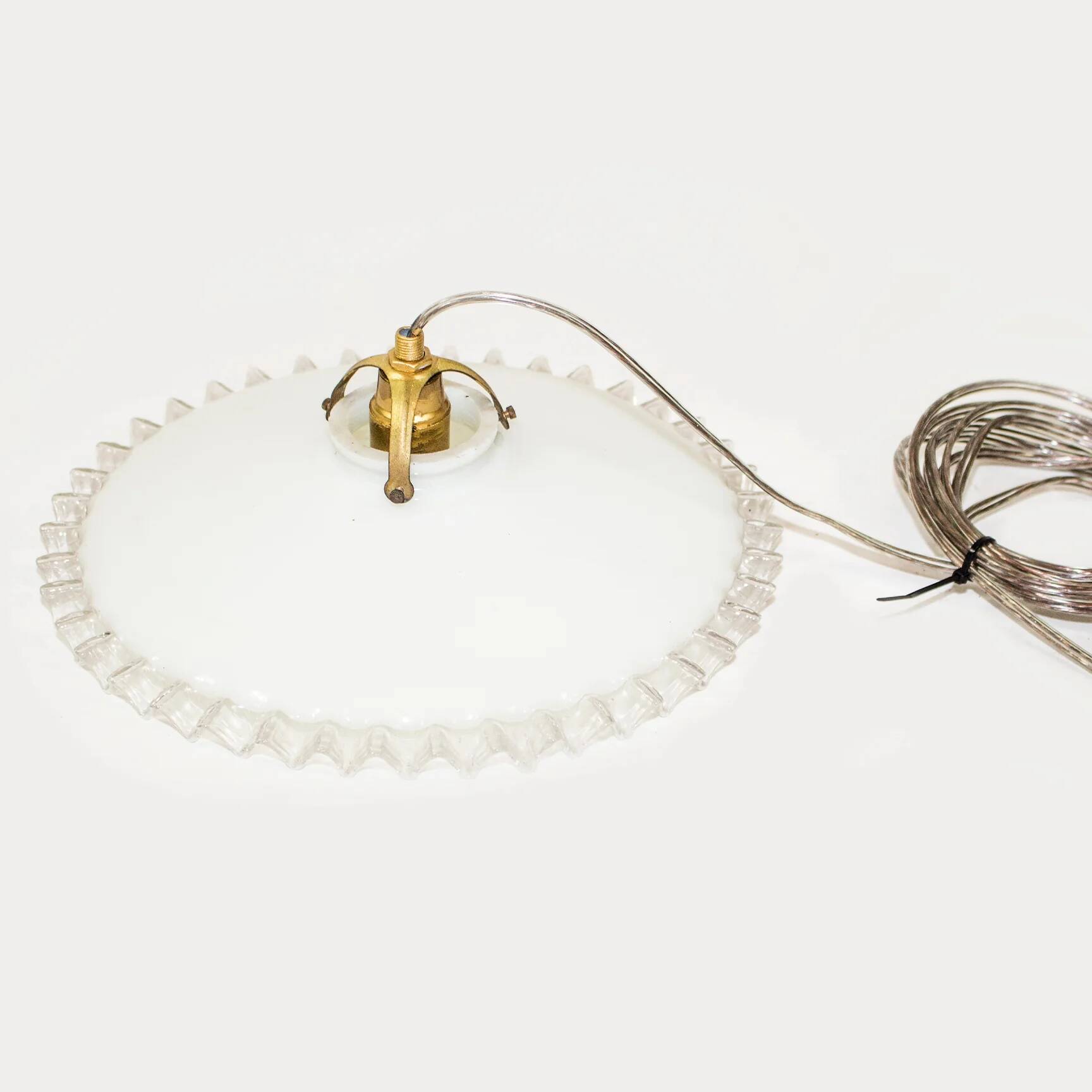 Vintage French suspension in white glass with scalloped edge.