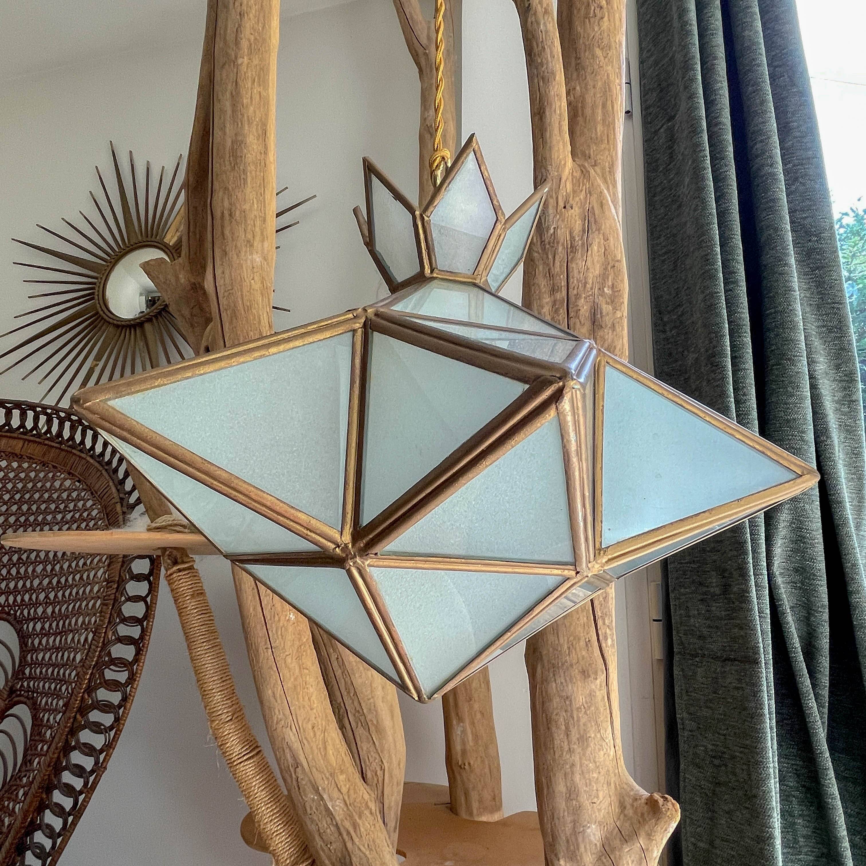 Vintage frosted glass and brass star pendant light