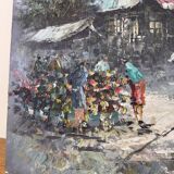 Caroline C. BURNETT: oil on canvas depicting a flower market in Paris