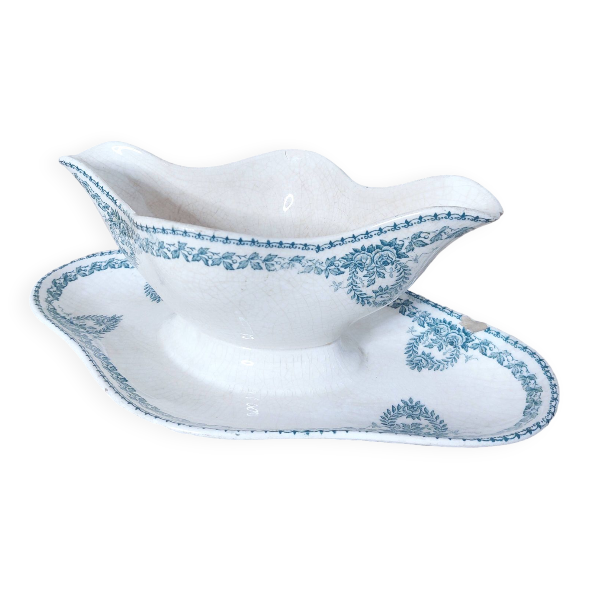 Rare and very pretty old Longwy St Cyr SFNGR sauce boat, France