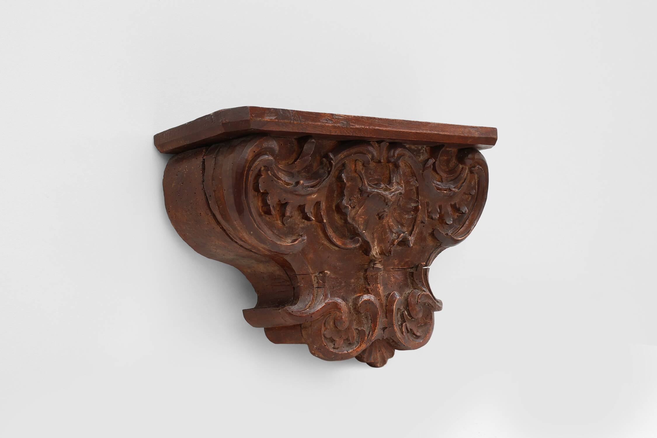 Antique wooden wall mounted carved console, France ca. 1850