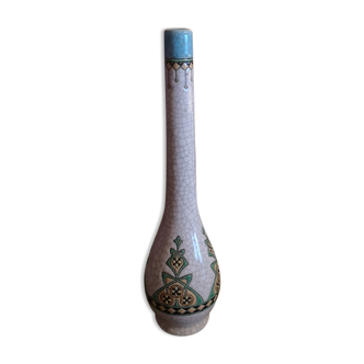 Longwy Art Deco soliflore vase in enamelled cracked grey ceramic - 1930s