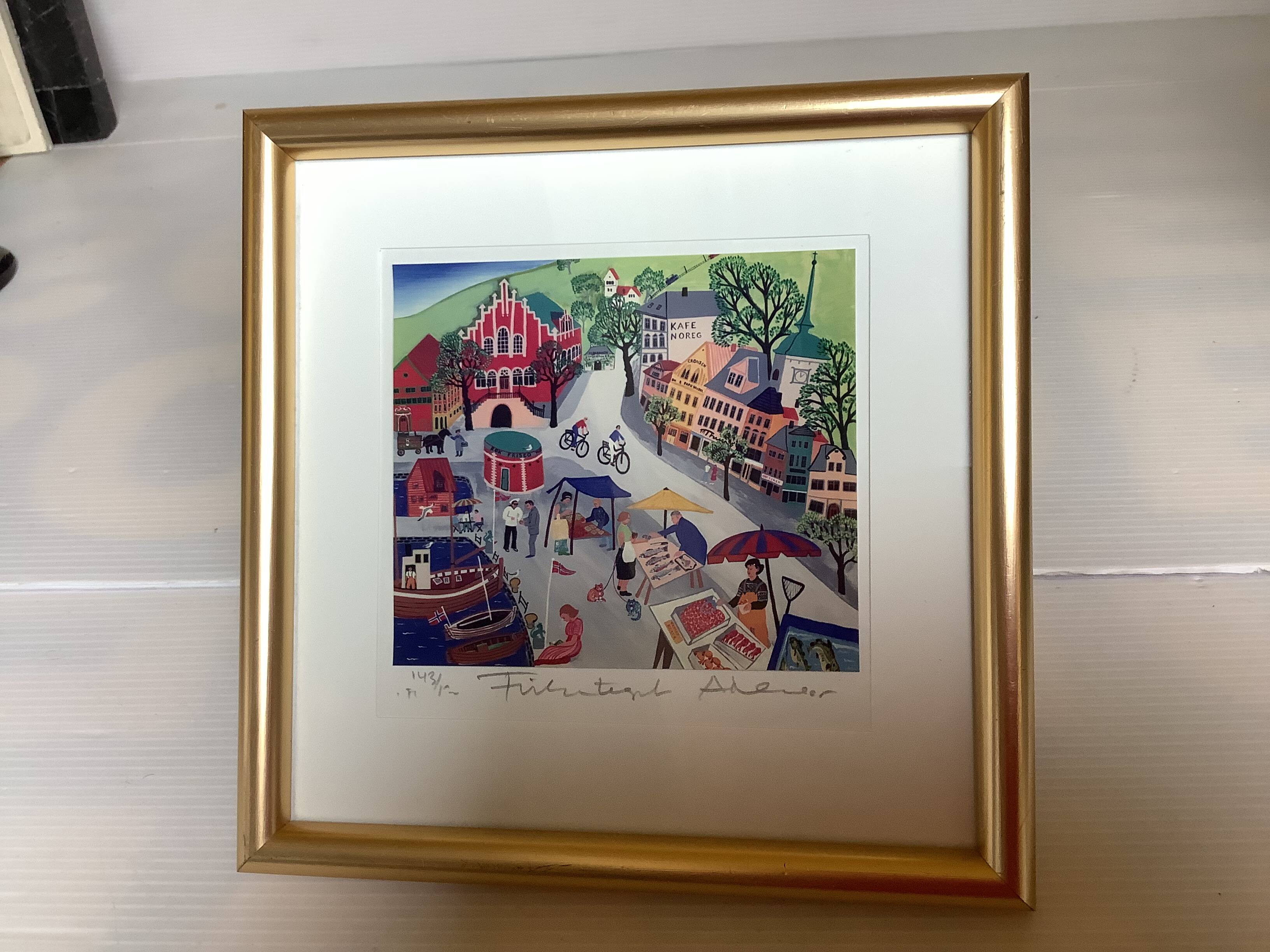 Lithograph illustration by Arvid Norendal of the market in Bergen.