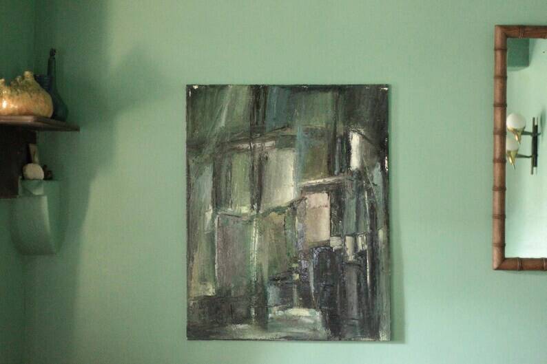 Oil on canvas signed Monique Humbert, abstract composition, wall painting, interior decoration.