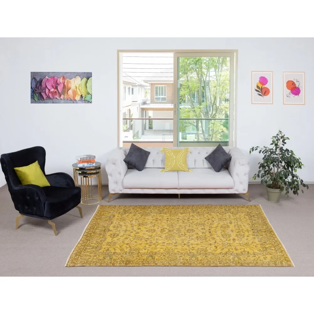 Vintage Handmade Turkish Wool Area Rug Overdyed in Yellow for Contemporary Interiors