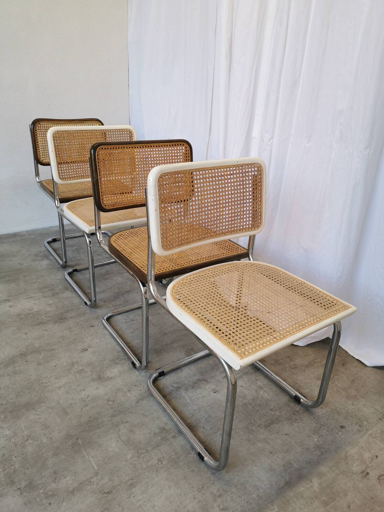 Set of 4 vintage cesca dining chairs / 2 brown 2 white / cane seat mid-century