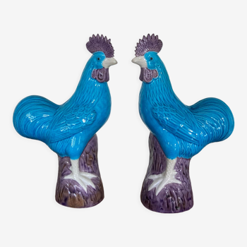 Pair of cocks in turquoise Chinese porcelain mid-twentieth