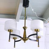 Maison Arlus, Mid-century chandelier, brass and opaline, France 1950