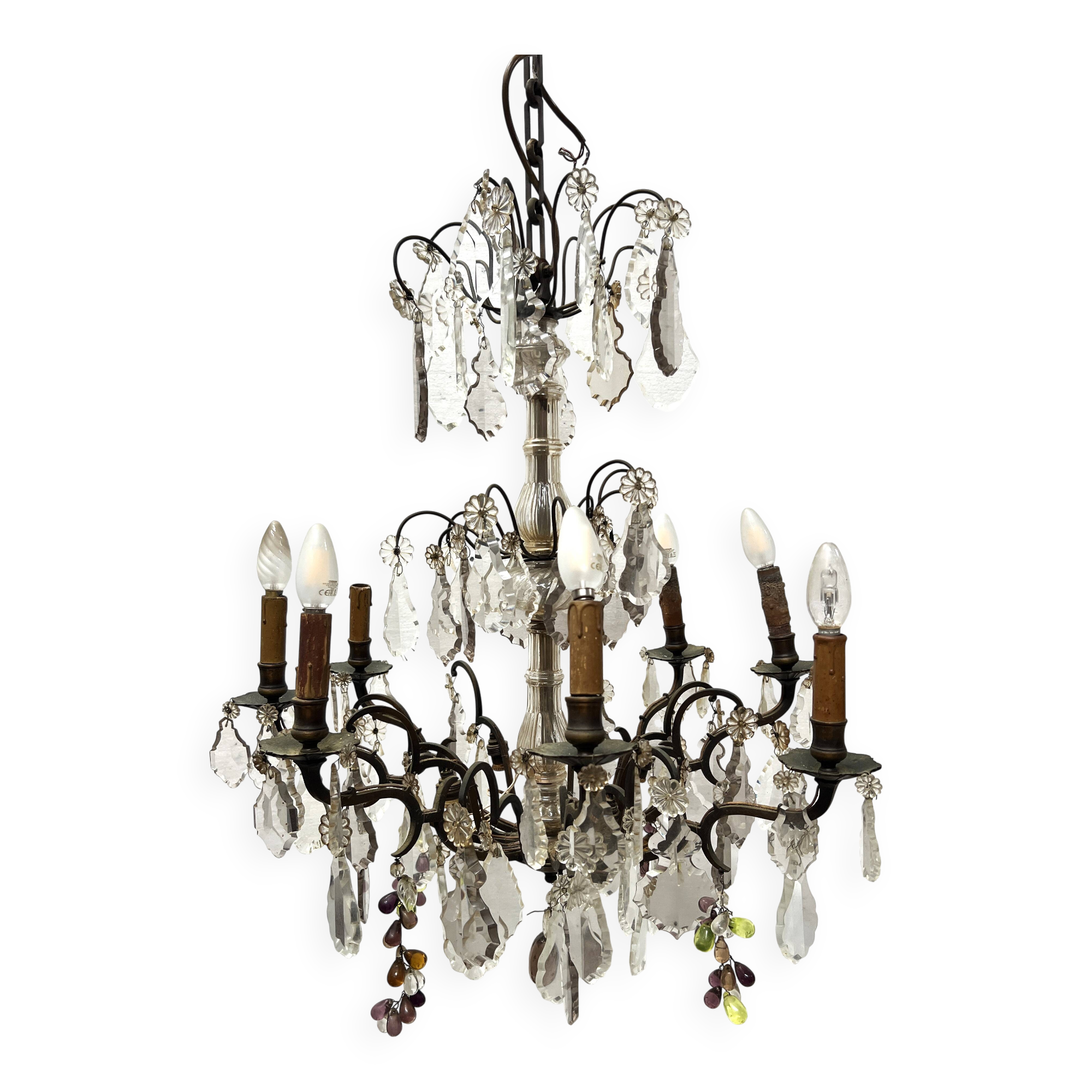 Louis XV style chandelier with pendants and colored glass fruits, 20th century
