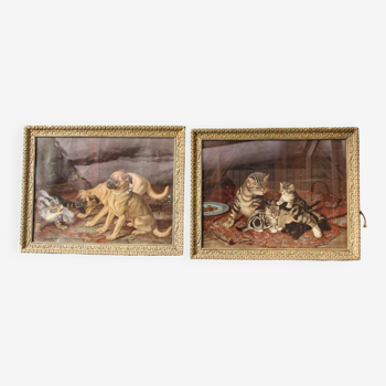 Pair of dog and cat chromolithographs, 19th century