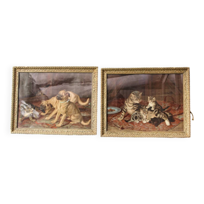Paire de chromolithographies chiens et chats, 19ème siècle