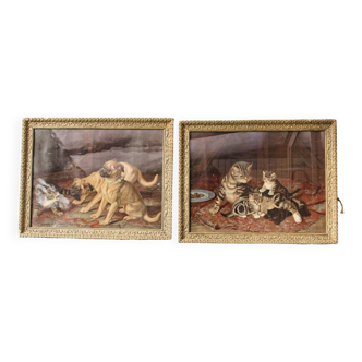 Pair of dog and cat chromolithographs, 19th century