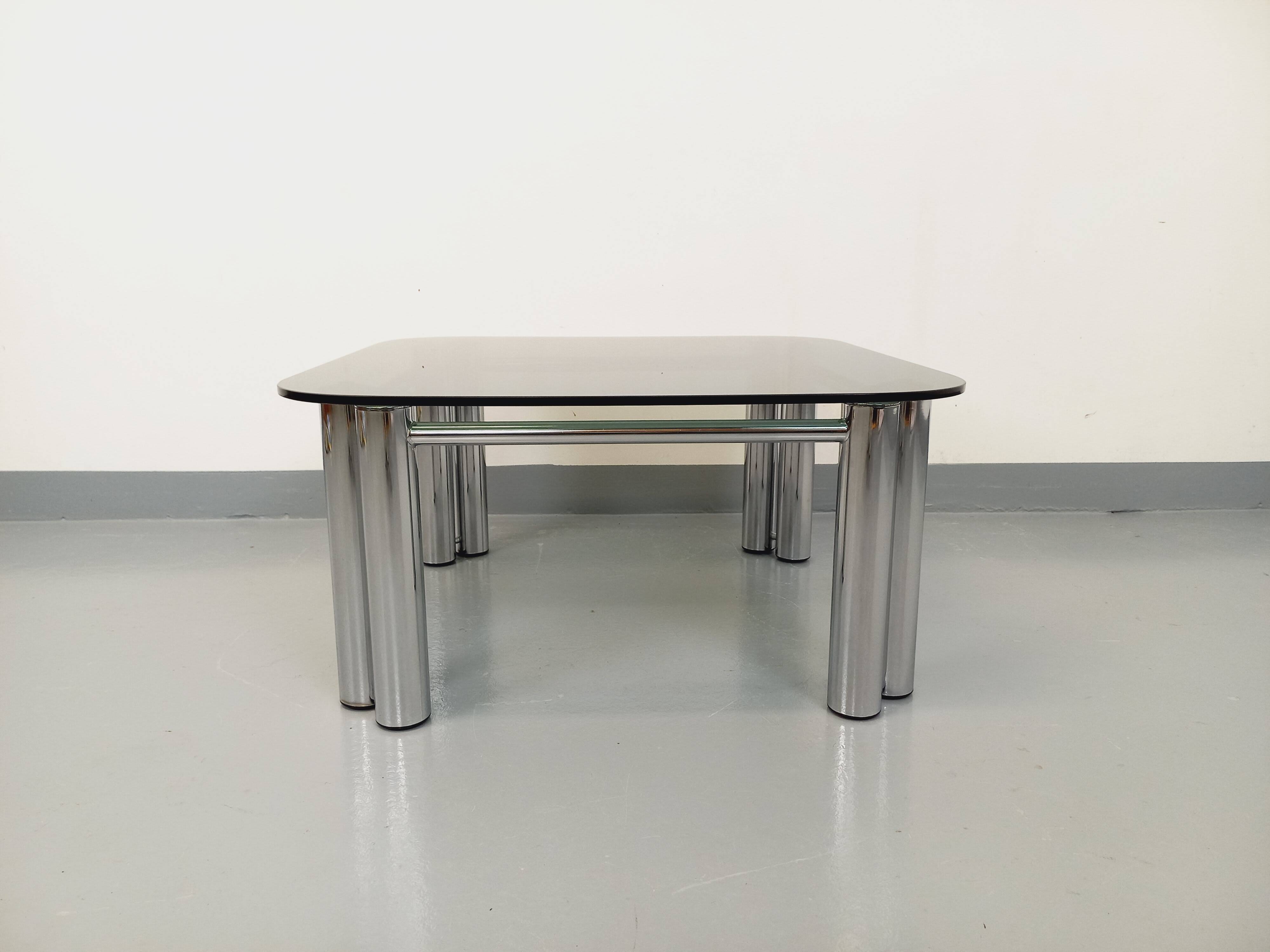 Vintage Italian Space Age square coffee table in smoked glass and chrome metal