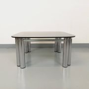 Vintage Italian Space Age square coffee table in smoked glass and chrome metal