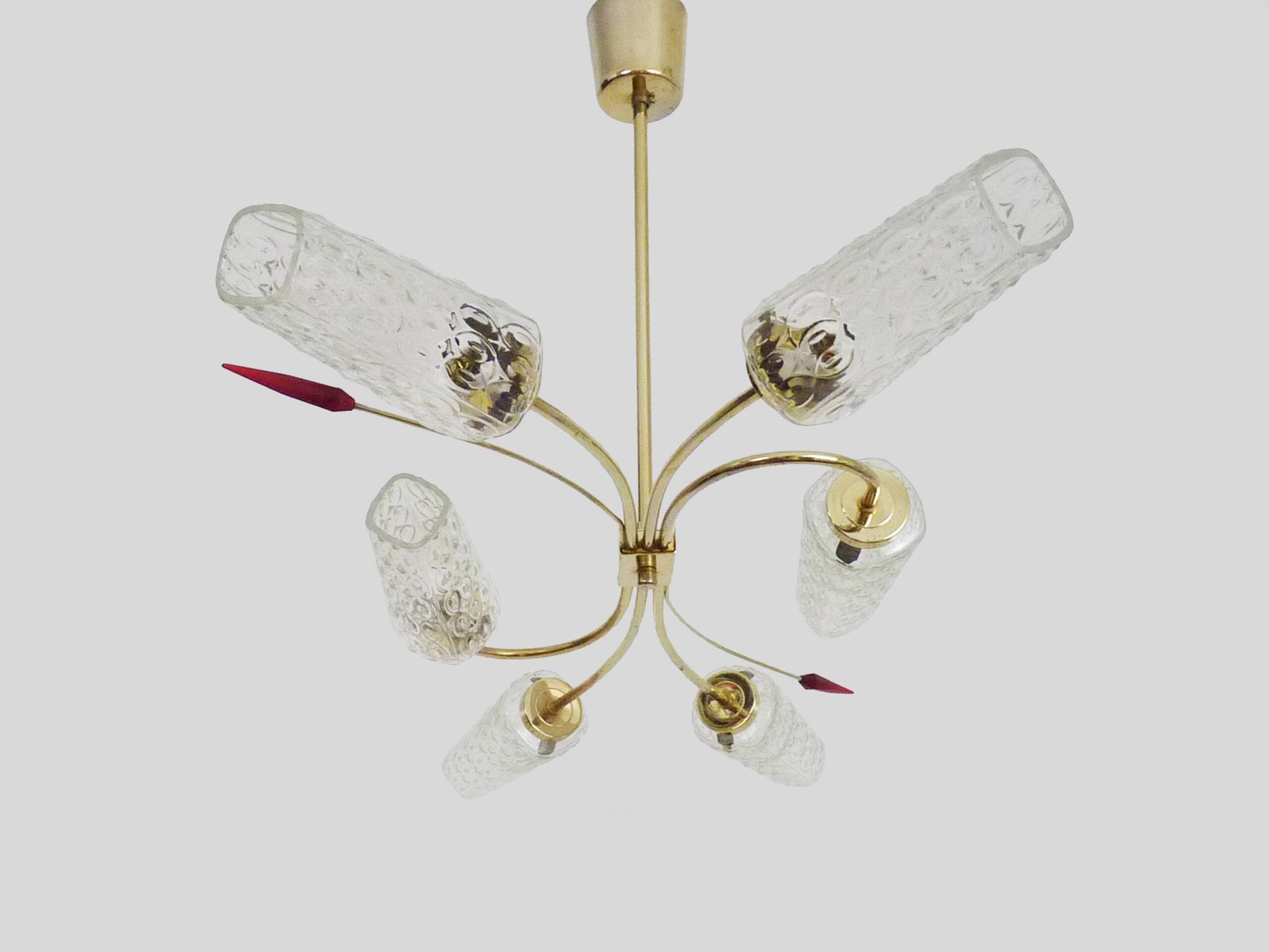 Antique chandelier with 6 branches, 2 red arrows, brass and diamond glass tubes. 70s