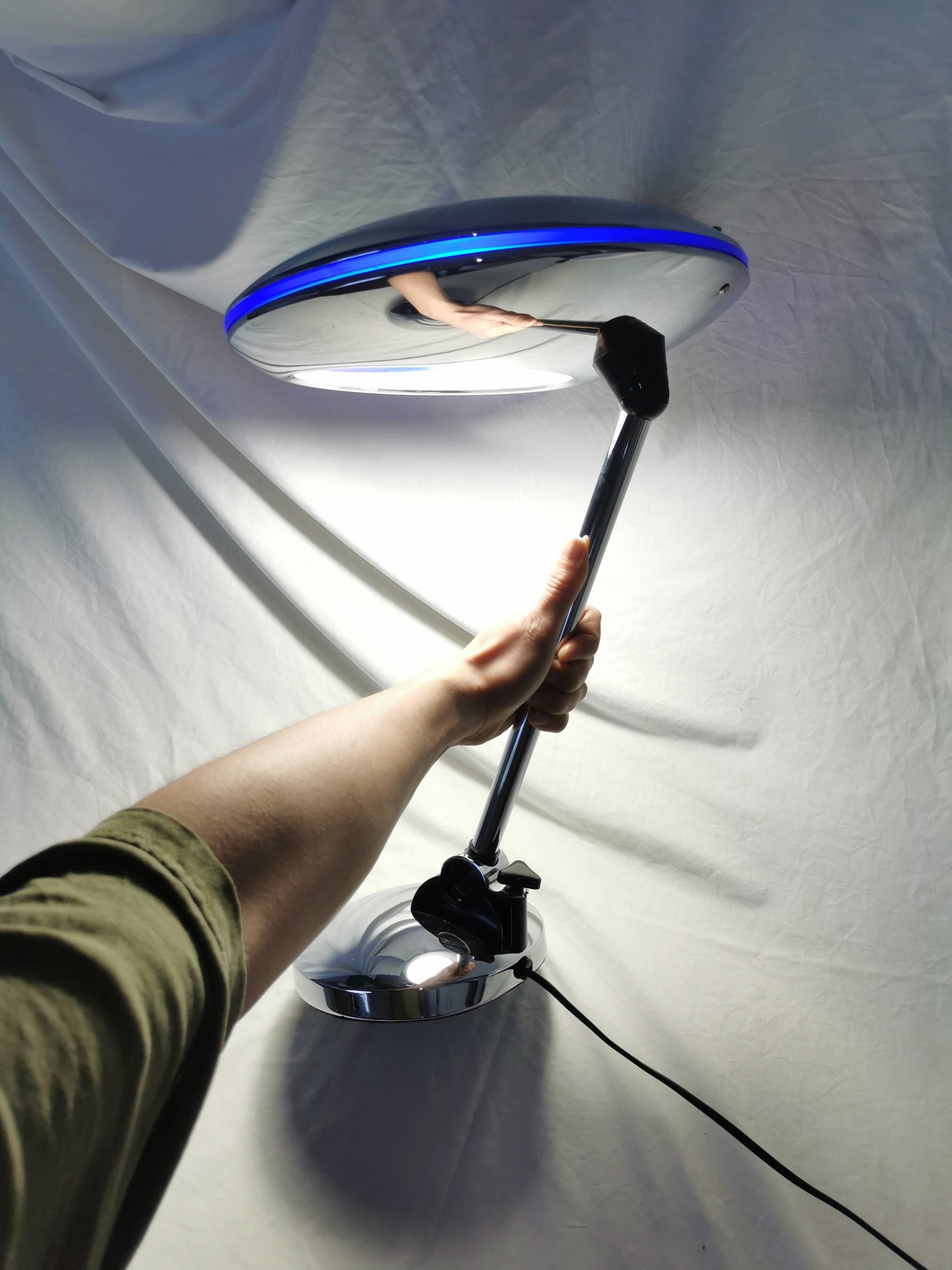 Adjustable chrome metal UFO lamp, space age, UFO, Aluminor, France, 1980.