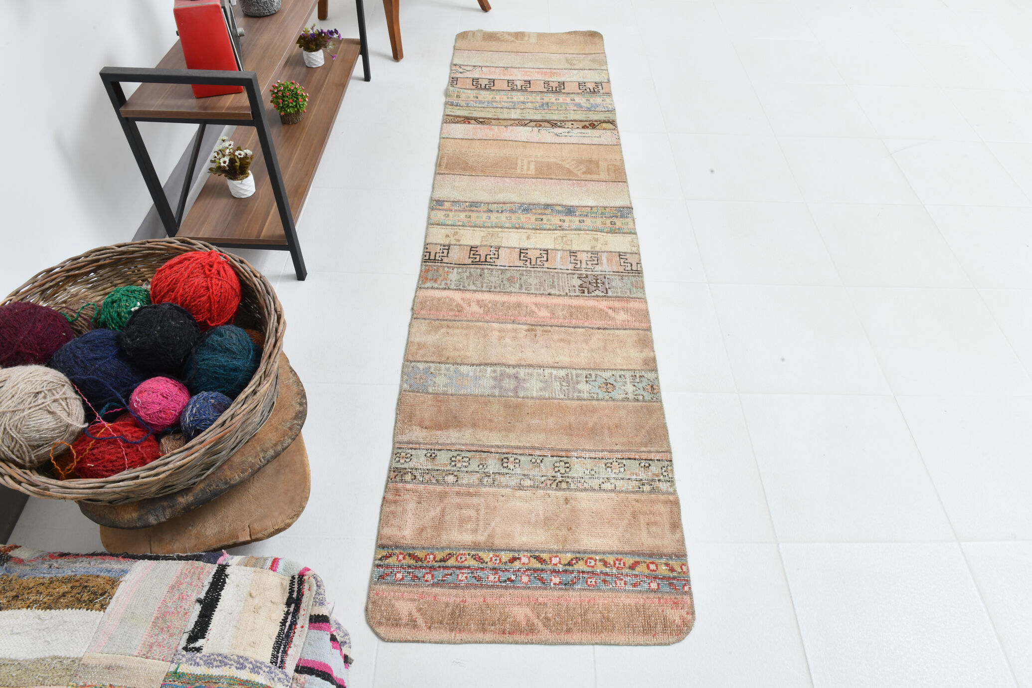 Neutral narrow vintage runner rug,64x262cm