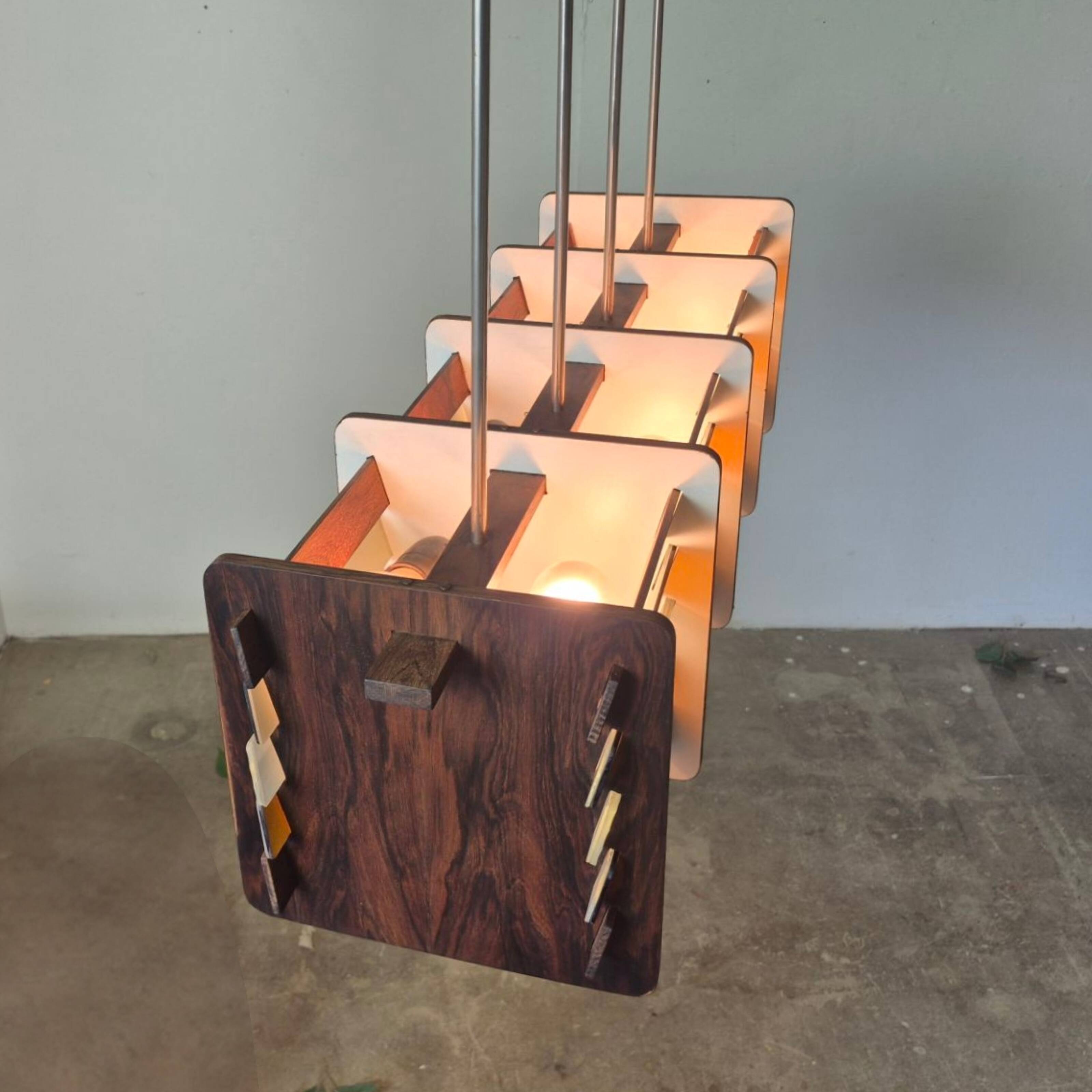 Mid century handcrafted wood and glass chandelier: Netherlands 1960s