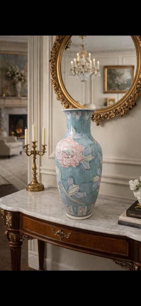 Vintage porcelain vase with hand-painted floral decoration, 36cm.