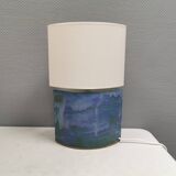 Sculptural table lamp in blue glaze with an abstract expression.