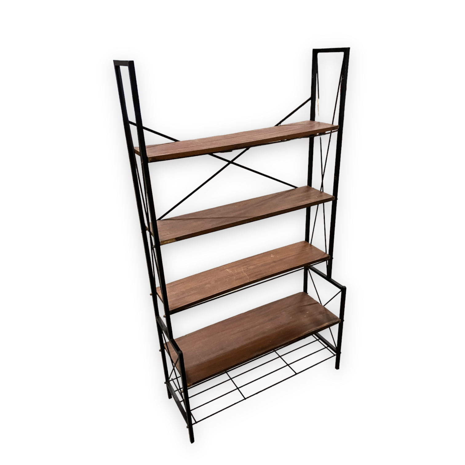 1950s teak and black metal shelf bookcase