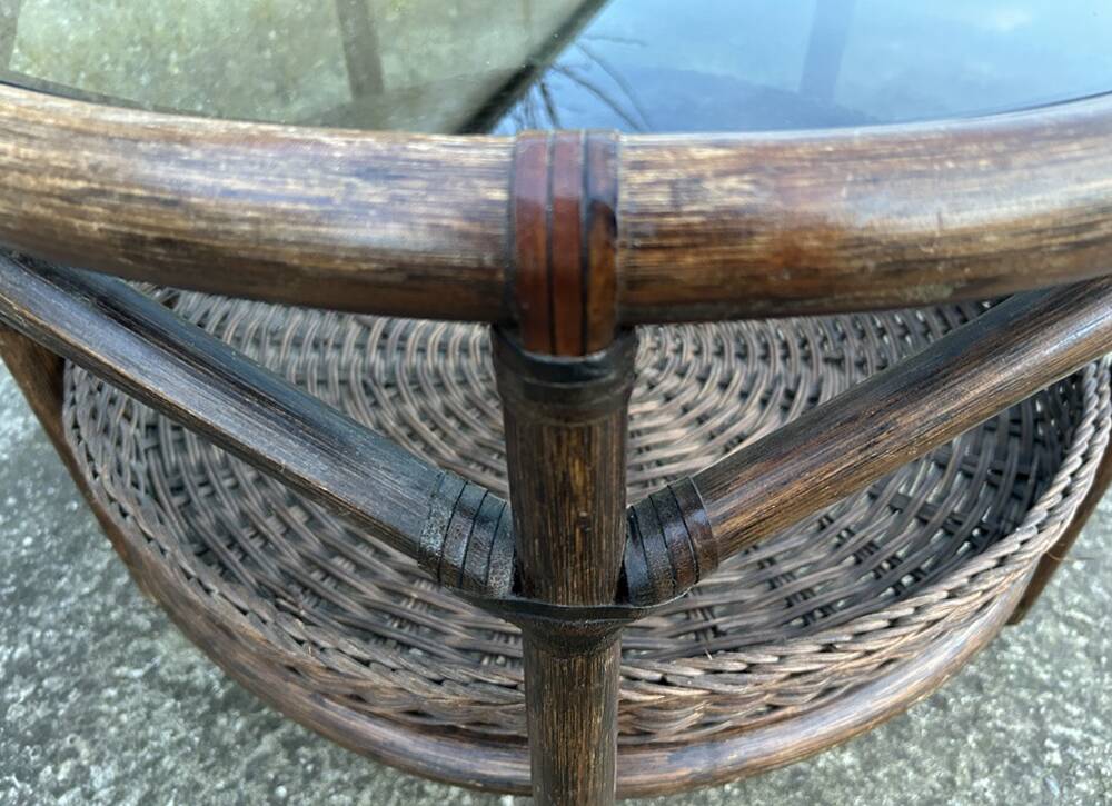 Round rattan and bamboo coffee table, vintage 1960