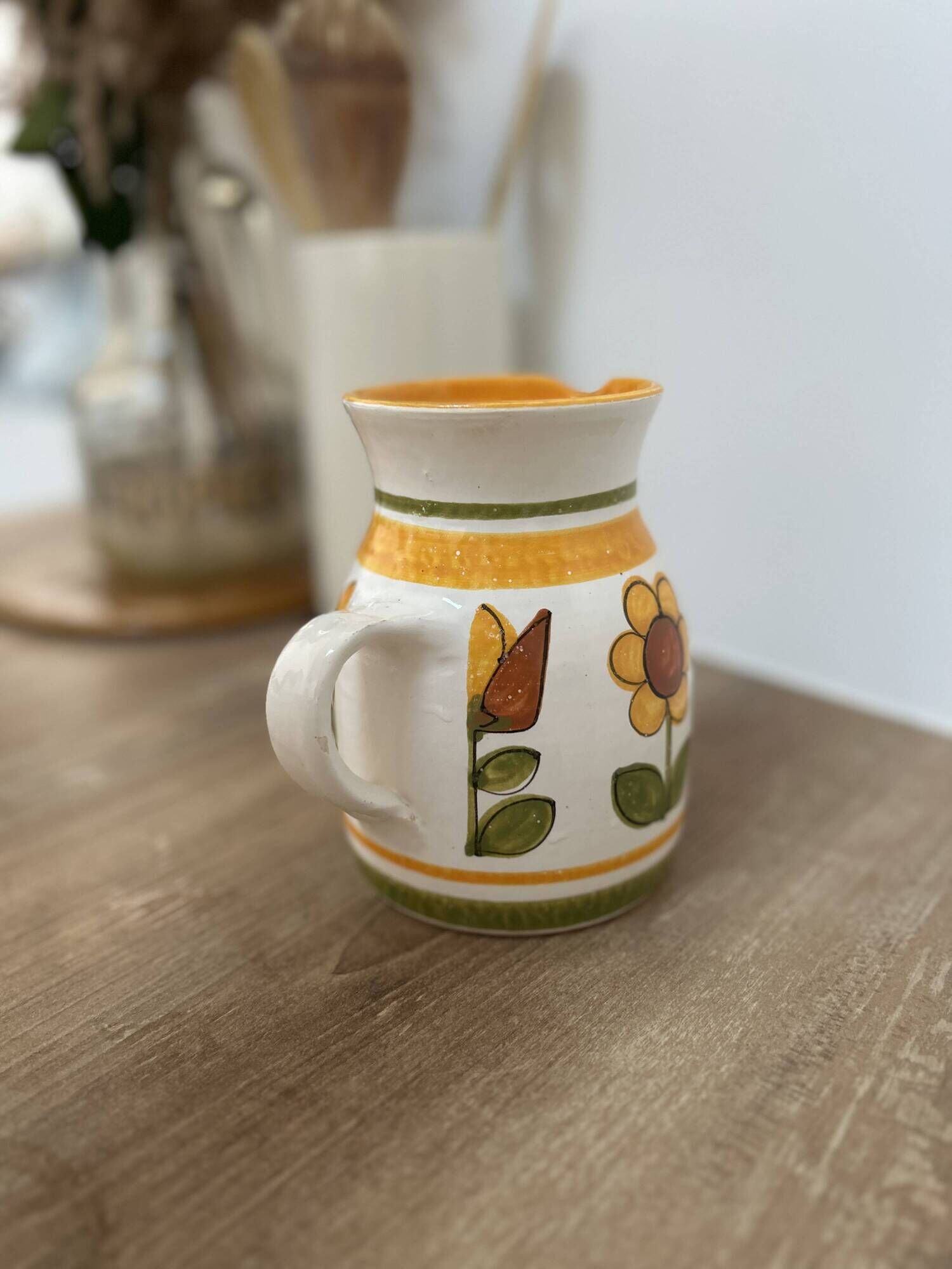 Small vintage ceramic jug signed – hand-painted floral decoration – 13 cm