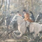 Tableau sans cadre Huile sur toile "chasse à courre"Vénerie, signature à identifier